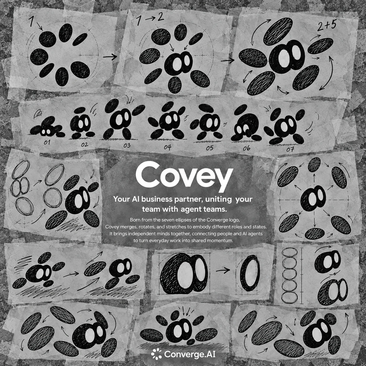 Covey character design: seven ellipses from the Converge logo become an AI business partner, shown on layered sketch sheets.