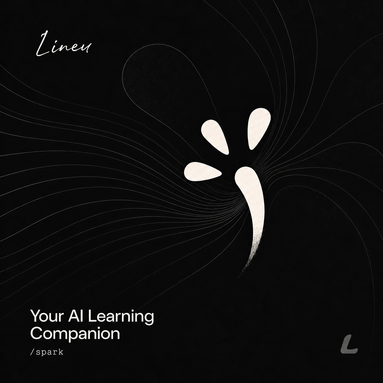 Lineu: Your AI Learning Companion. Three ivory-white sparks emerge from converging graphite lines on a matte black field.